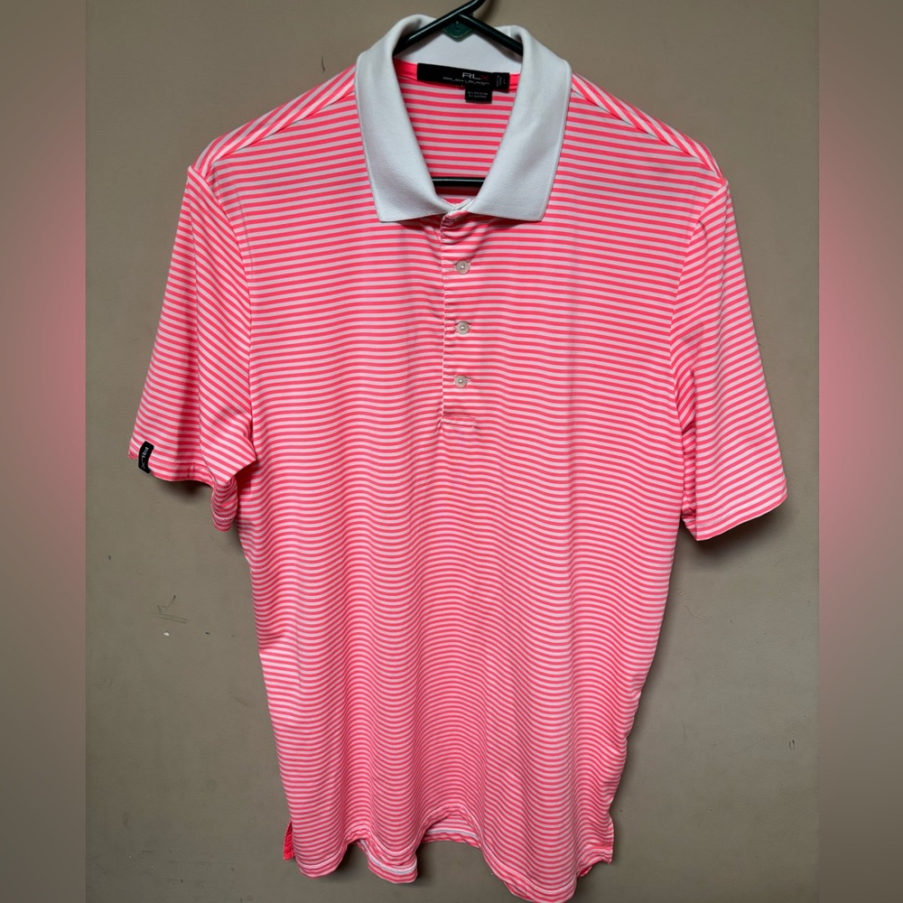 RLX Ralph Lauren Pink and White Striped Polo with White Collar, L